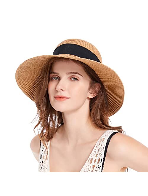 Fablepeach Womens Beach Straw Panama Hat Wide Brim Foldable Fedora Sun Hats for Women UV UPF 50+