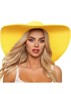 DRESHOW Beach Hats for Women Big Straw Wide Brim Summer Hat Floppy Foldable Roll up Cap Sun Hat UPF 50+