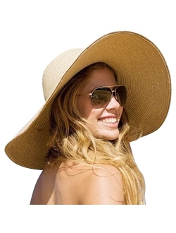 DRESHOW Beach Hats for Women Big Straw Wide Brim Summer Hat Floppy Foldable Roll up Cap Sun Hat UPF 50+