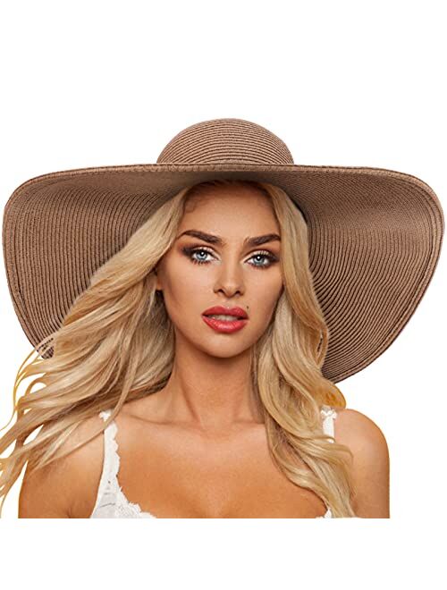 DRESHOW Beach Hats for Women Big Straw Wide Brim Summer Hat Floppy Foldable Roll up Cap Sun Hat UPF 50+