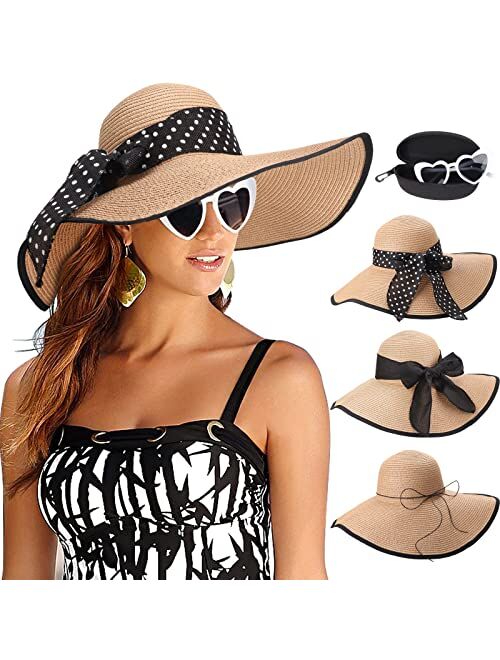 DRESHOW Beach Hats for Women Big Straw Wide Brim Summer Hat Floppy Foldable Roll up Cap Sun Hat UPF 50+