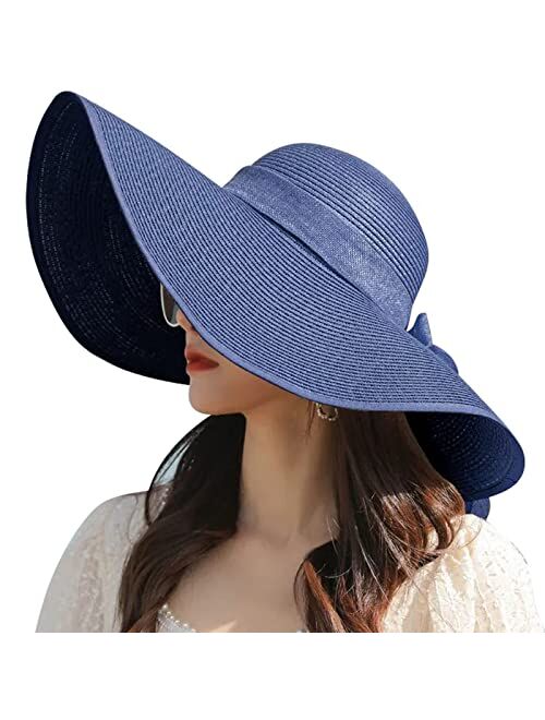 DRESHOW Beach Hats for Women Big Straw Wide Brim Summer Hat Floppy Foldable Roll up Cap Sun Hat UPF 50+