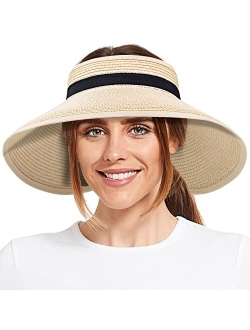 Faintey Sun Visor Hats for Women, Summer Beach Hat Wide Brim, Adjustable UV UPF50+ Protection Roll Up Ponytail Visors Hat, Travel