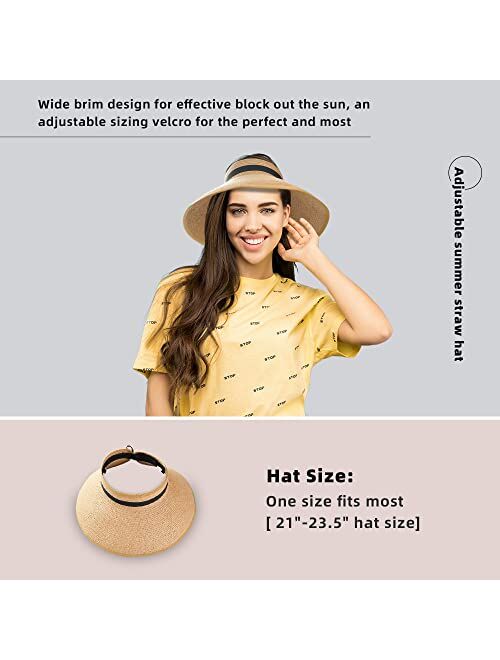 Faintey Sun Visor Hats for Women, Summer Beach Hat Wide Brim, Adjustable UV UPF50+ Protection Roll Up Ponytail Visors Hat, Travel