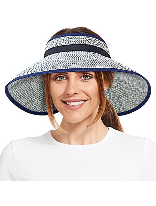 Faintey Sun Visor Hats for Women, Summer Beach Hat Wide Brim, Adjustable UV UPF50+ Protection Roll Up Ponytail Visors Hat, Travel