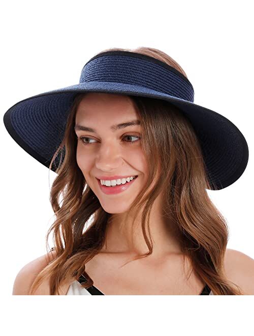 Simplicity Women's Summer Foldable Wide Brim Beach Hats Straw Sun Visor Hats