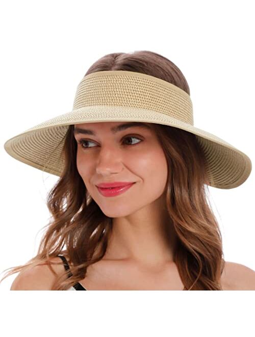 Simplicity Women's Summer Foldable Wide Brim Beach Hats Straw Sun Visor Hats