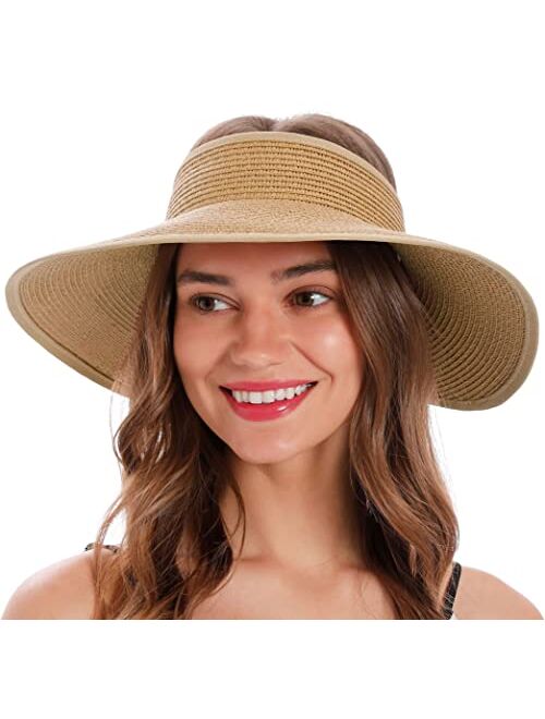 Simplicity Women's Summer Foldable Wide Brim Beach Hats Straw Sun Visor Hats