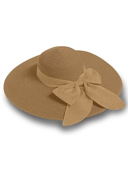 Emem Apparel Straw Sun Hat for Women, Wide Brim UPF 50+ UV Protection Cap with Bow, Foldable Packable Floppy Beach Hat with Chin Strap