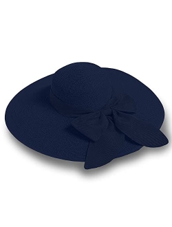 Emem Apparel Straw Sun Hat for Women, Wide Brim UPF 50+ UV Protection Cap with Bow, Foldable Packable Floppy Beach Hat with Chin Strap