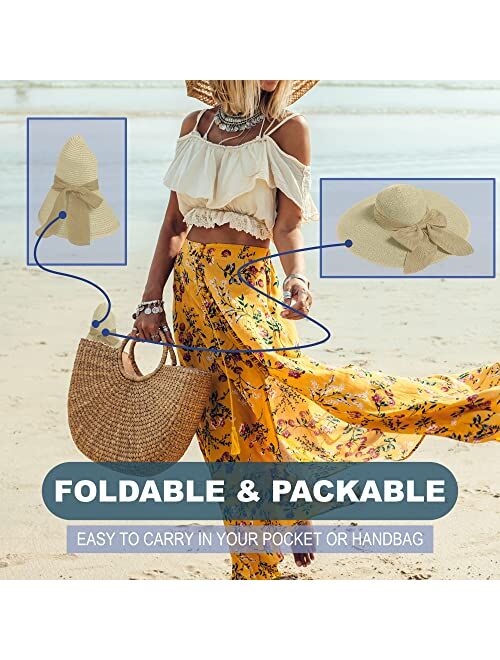 Emem Apparel Straw Sun Hat for Women, Wide Brim UPF 50+ UV Protection Cap with Bow, Foldable Packable Floppy Beach Hat with Chin Strap