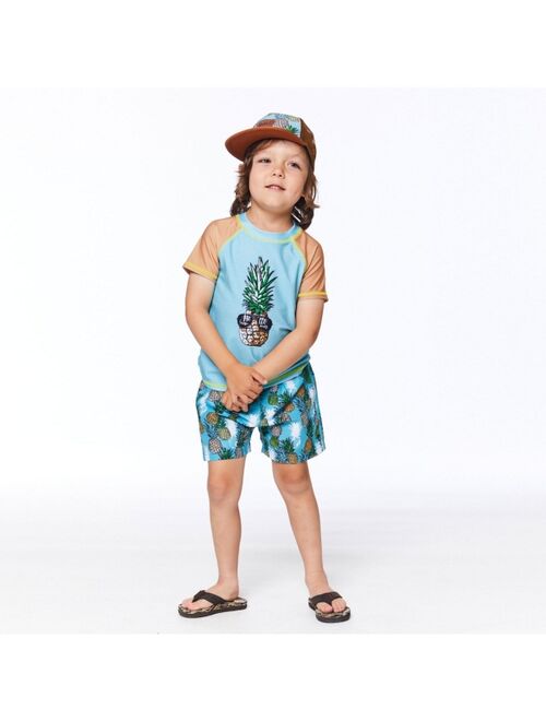 Deux par Deux Boy Short Sleeve Rash guard Turquoise & Brown Pineapple Print - Toddler|Child
