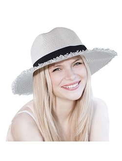 Busylittlebee Straw Sun Hat for Women Summer Beach Wide Brim UV Protection Hats with Chin Strap Travel Foldable UPF 50