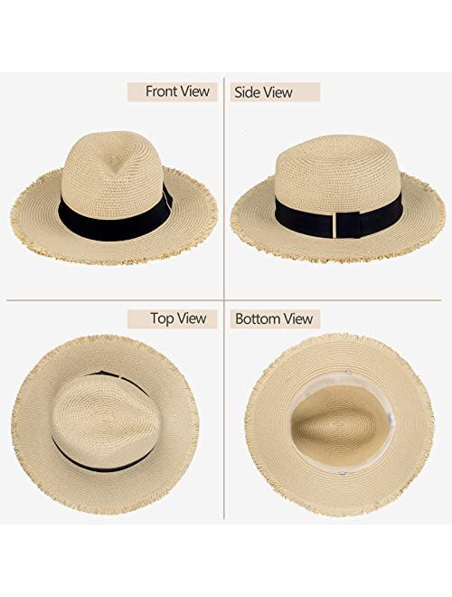 Busylittlebee Straw Sun Hat for Women Summer Beach Wide Brim UV Protection Hats with Chin Strap Travel Foldable UPF 50