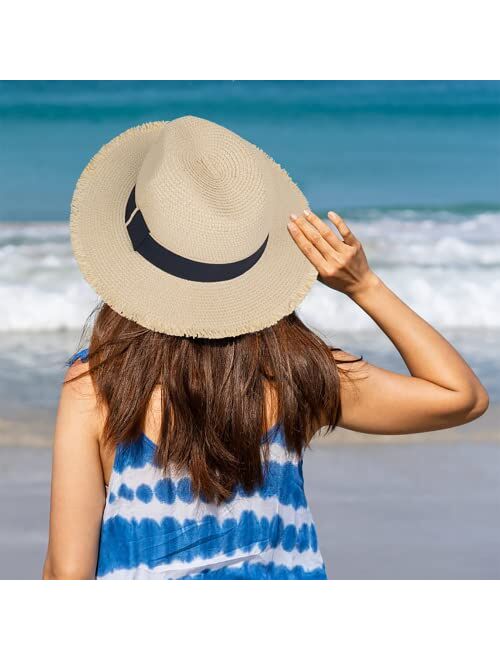 Busylittlebee Straw Sun Hat for Women Summer Beach Wide Brim UV Protection Hats with Chin Strap Travel Foldable UPF 50