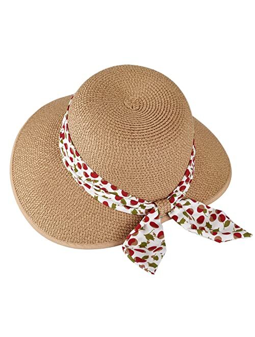 Busylittlebee Straw Sun Hat for Women Summer Beach Wide Brim UV Protection Hats with Chin Strap Travel Foldable UPF 50