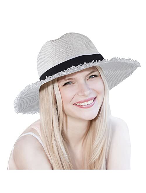 Busylittlebee Straw Sun Hat for Women Summer Beach Wide Brim UV Protection Hats with Chin Strap Travel Foldable UPF 50