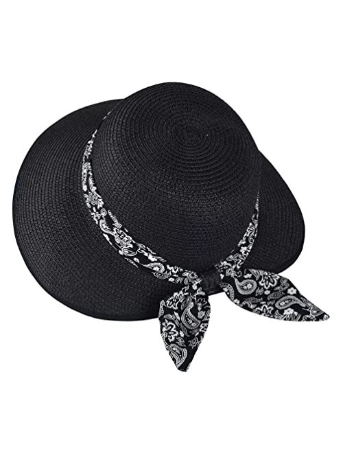 Busylittlebee Straw Sun Hat for Women Summer Beach Wide Brim UV Protection Hats with Chin Strap Travel Foldable UPF 50