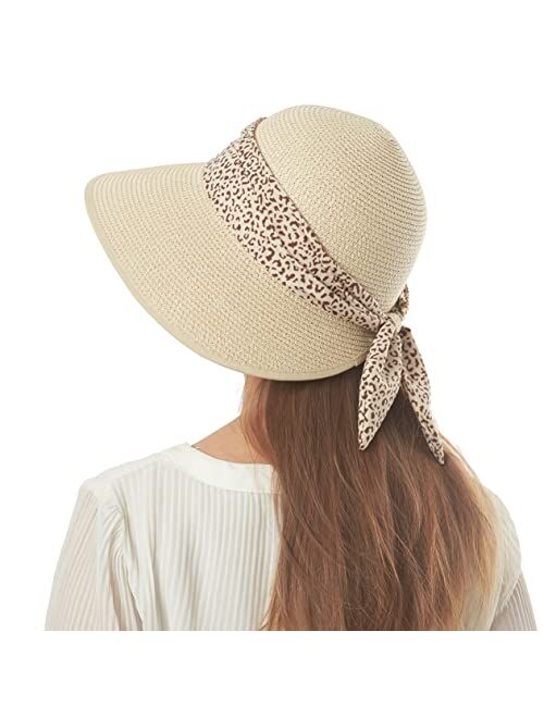 Busylittlebee Straw Sun Hat for Women Summer Beach Wide Brim UV Protection Hats with Chin Strap Travel Foldable UPF 50