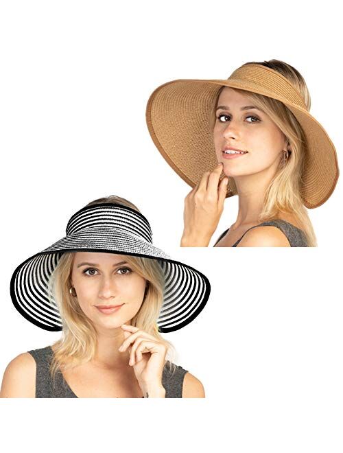 Uoudio 2 PCS Women Sun Visor Hats Beach - Foldable Roll Up Wide Brim Bowknot Summer Straw Hat Cap Cruise wear for Womens