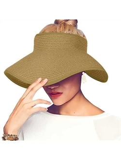 ELEHOLD Sun Visors for Women Beach Hats Wide Brim Straw Hat Roll-up Foldable Ponytail with UV Protection Summer Travel Hat