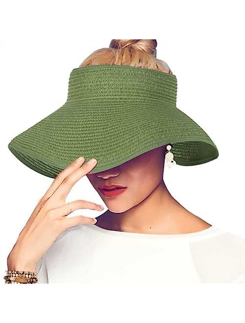 ELEHOLD Sun Visors for Women Beach Hats Wide Brim Straw Hat Roll-up Foldable Ponytail with UV Protection Summer Travel Hat