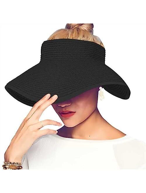 ELEHOLD Sun Visors for Women Beach Hats Wide Brim Straw Hat Roll-up Foldable Ponytail with UV Protection Summer Travel Hat