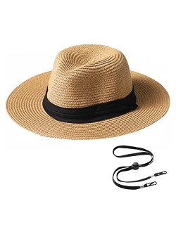 Trifabricy Womens Straw Beach Sun Hat - Wide Brim Fedora Straw Hat, Packable Panama Hat Sun Hat Beach Hat for Women Men, UPF 50+