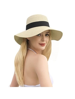 Trifabricy Womens Straw Beach Sun Hat - Wide Brim Fedora Straw Hat, Packable Panama Hat Sun Hat Beach Hat for Women Men, UPF 50+