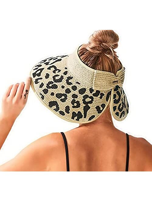 Zicotour Women Sun Visors Wide Brim Foldable Packable Ponytail Beach Hat Straw Leopard Roll Up Bow Visor Sun Hats