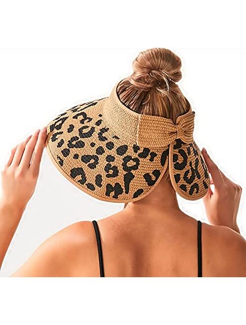 Zicotour Women Sun Visors Wide Brim Foldable Packable Ponytail Beach Hat Straw Leopard Roll Up Bow Visor Sun Hats