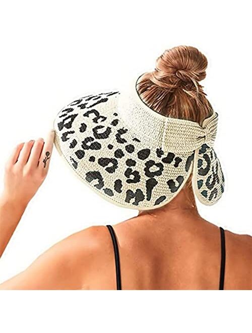 Zicotour Women Sun Visors Wide Brim Foldable Packable Ponytail Beach Hat Straw Leopard Roll Up Bow Visor Sun Hats