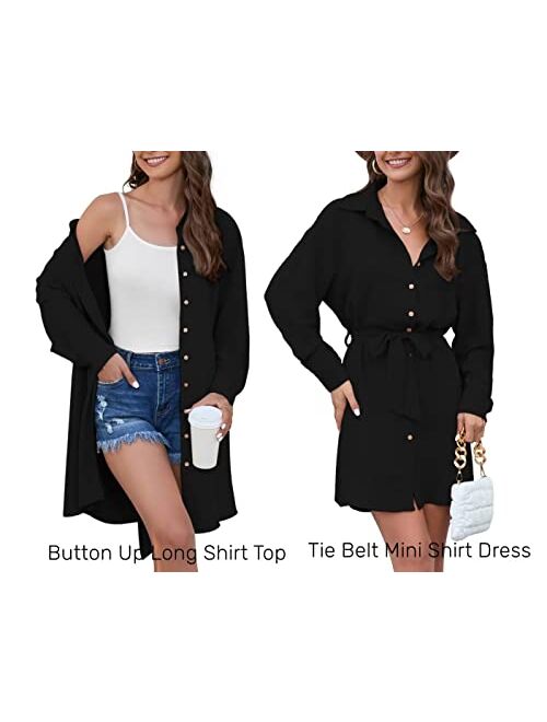 KOJOOIN Women's Long Sleeve Tie Belt Mini Shirt Dress Collared Button Up Long Shirt Top