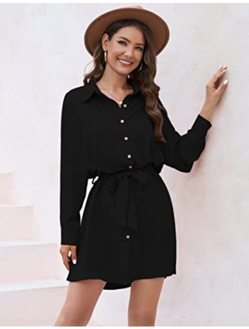 KOJOOIN Women's Long Sleeve Tie Belt Mini Shirt Dress Collared Button Up Long Shirt Top