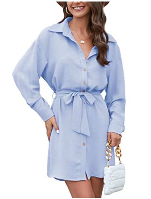 KOJOOIN Women's Long Sleeve Tie Belt Mini Shirt Dress Collared Button Up Long Shirt Top