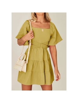 Shy Velvet Women's Summer Dress Square Neck Short Sleeves Crossover Waist Casual Party Mini Dress