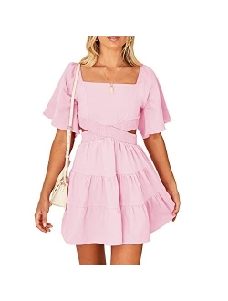 Shy Velvet Women's Summer Dress Square Neck Short Sleeves Crossover Waist Casual Party Mini Dress