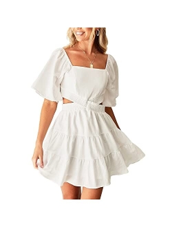 Shy Velvet Women's Summer Dress Square Neck Short Sleeves Crossover Waist Casual Party Mini Dress