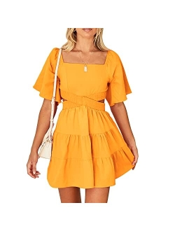 Shy Velvet Women's Summer Dress Square Neck Short Sleeves Crossover Waist Casual Party Mini Dress