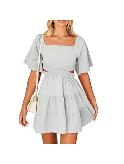 Shy Velvet Women's Summer Dress Square Neck Short Sleeves Crossover Waist Casual Party Mini Dress