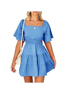 Shy Velvet Women's Summer Dress Square Neck Short Sleeves Crossover Waist Casual Party Mini Dress