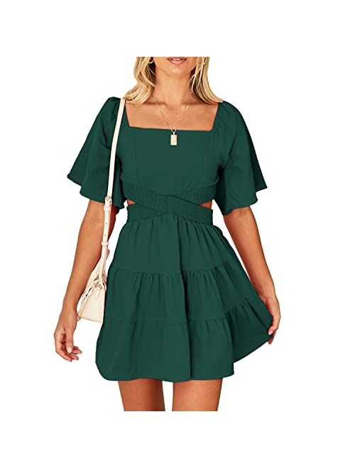 Shy Velvet Women's Summer Dress Square Neck Short Sleeves Crossover Waist Casual Party Mini Dress