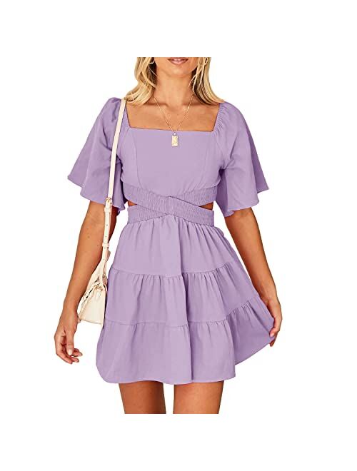 Shy Velvet Women's Summer Dress Square Neck Short Sleeves Crossover Waist Casual Party Mini Dress