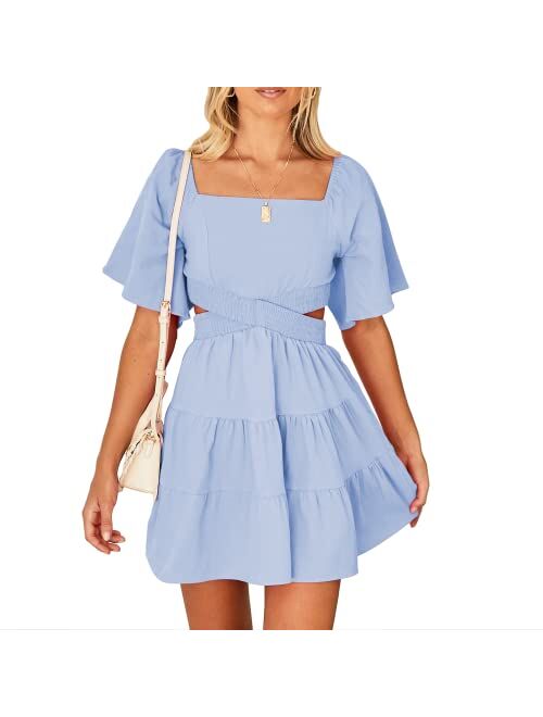 Shy Velvet Women's Summer Dress Square Neck Short Sleeves Crossover Waist Casual Party Mini Dress