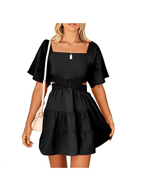 Shy Velvet Women's Summer Dress Square Neck Short Sleeves Crossover Waist Casual Party Mini Dress