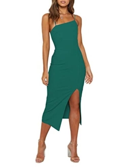 LYANER Women's Spaghetti Straps Split Hem Sleeveless Zipper Bodycon Midi Dress