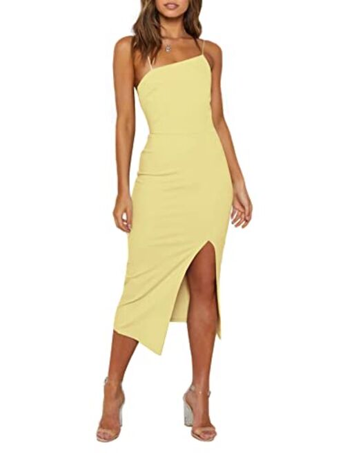 LYANER Women's Spaghetti Straps Split Hem Sleeveless Zipper Bodycon Midi Dress