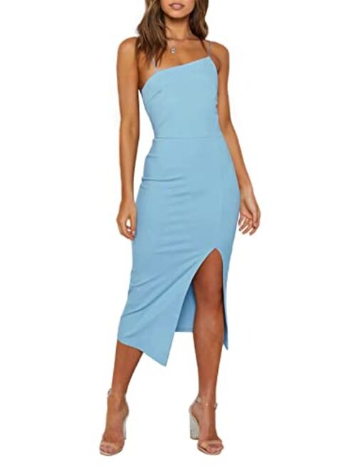 LYANER Women's Spaghetti Straps Split Hem Sleeveless Zipper Bodycon Midi Dress