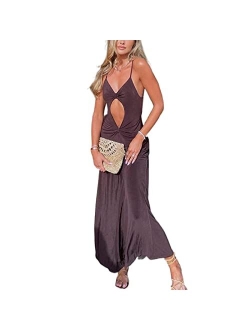 Kmbangi Women Cutout Backless Maxi Dress Sexy Sleeveless Split Cocktail Dresses Bodycon Spaghetti Strap Long Dress Party