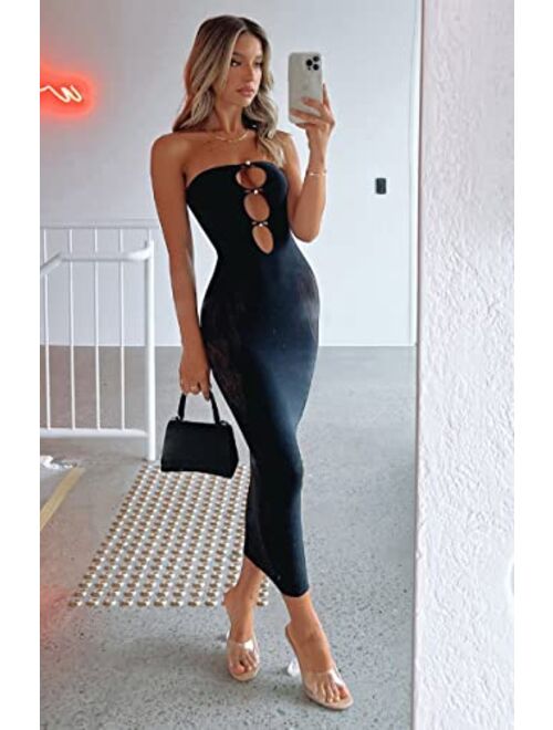 Kmbangi Women Cutout Backless Maxi Dress Sexy Sleeveless Split Cocktail Dresses Bodycon Spaghetti Strap Long Dress Party